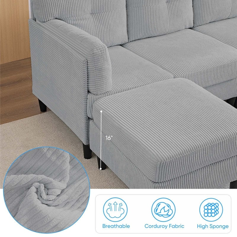 Canapé sectionnel convertible modulaire en U en velours côtelé Mixoy, canapé 4 places rembourré avec pouf amovible