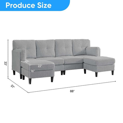 Canapé sectionnel convertible modulaire en U en velours côtelé Mixoy, canapé 4 places rembourré avec pouf amovible