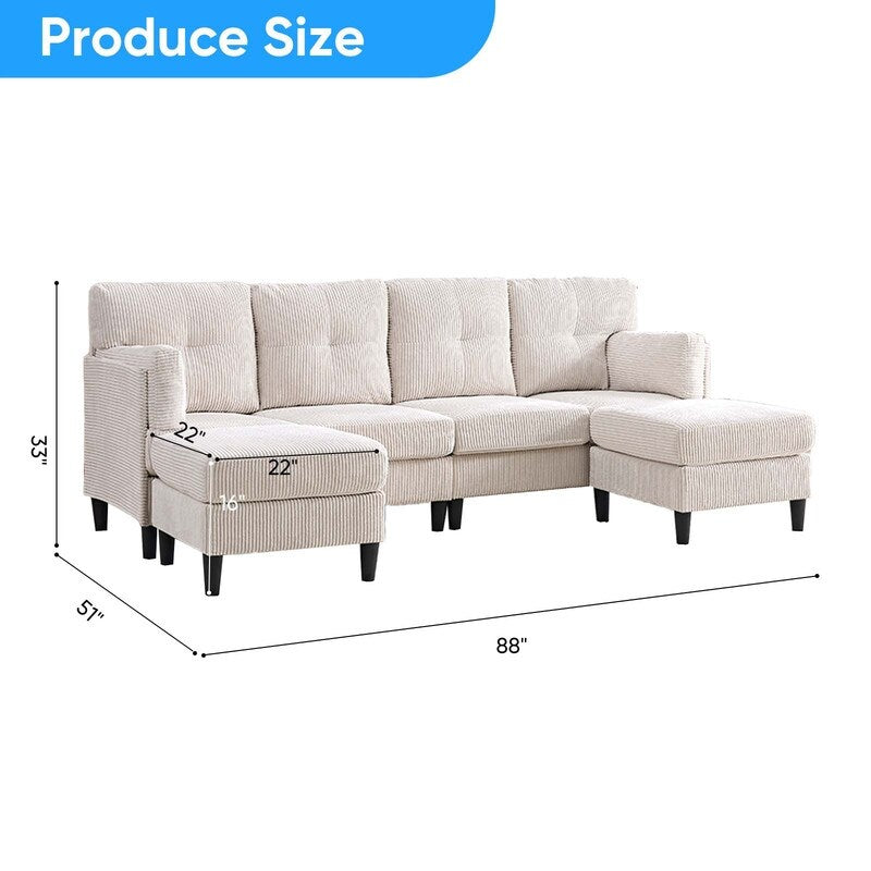 Canapé sectionnel convertible modulaire en U en velours côtelé Mixoy, canapé 4 places rembourré avec pouf amovible