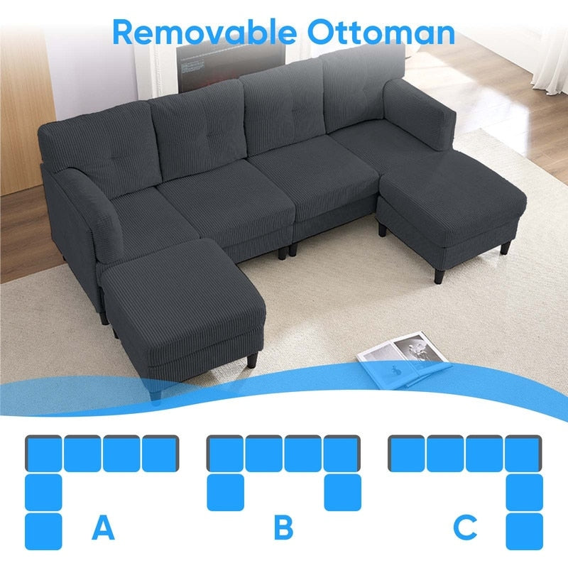 Canapé sectionnel convertible modulaire en U en velours côtelé Mixoy, canapé 4 places rembourré avec pouf amovible
