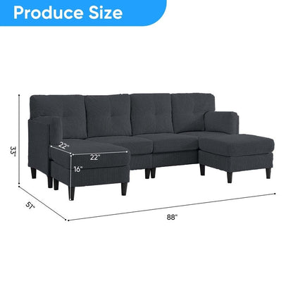 Canapé sectionnel convertible modulaire en U en velours côtelé Mixoy, canapé 4 places rembourré avec pouf amovible