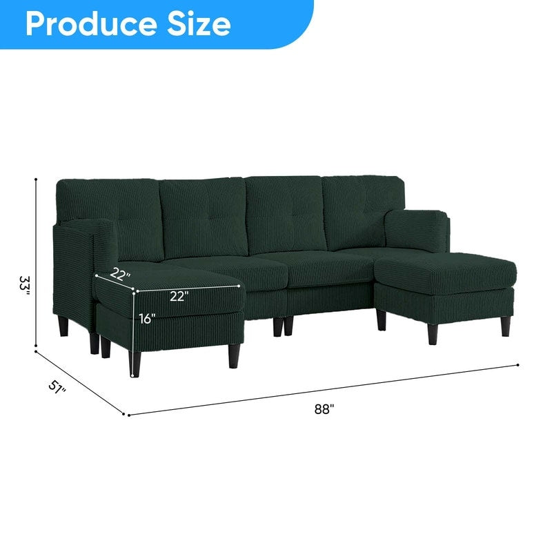 Canapé sectionnel convertible modulaire en U en velours côtelé Mixoy, canapé 4 places rembourré avec pouf amovible