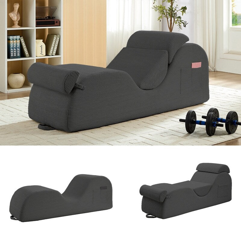 Chaise longue de yoga en velours côtelé Mixoy, canapé de yoga incurvé avec appui-tête/coussin de taille/repose-pieds mobiles, fond antidérapant