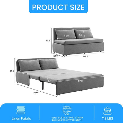 Canapé-lit Mixoy Full/Queen Size, canapé-lit convertible 2 en 1 en lin 1 place/causeuse avec coussins