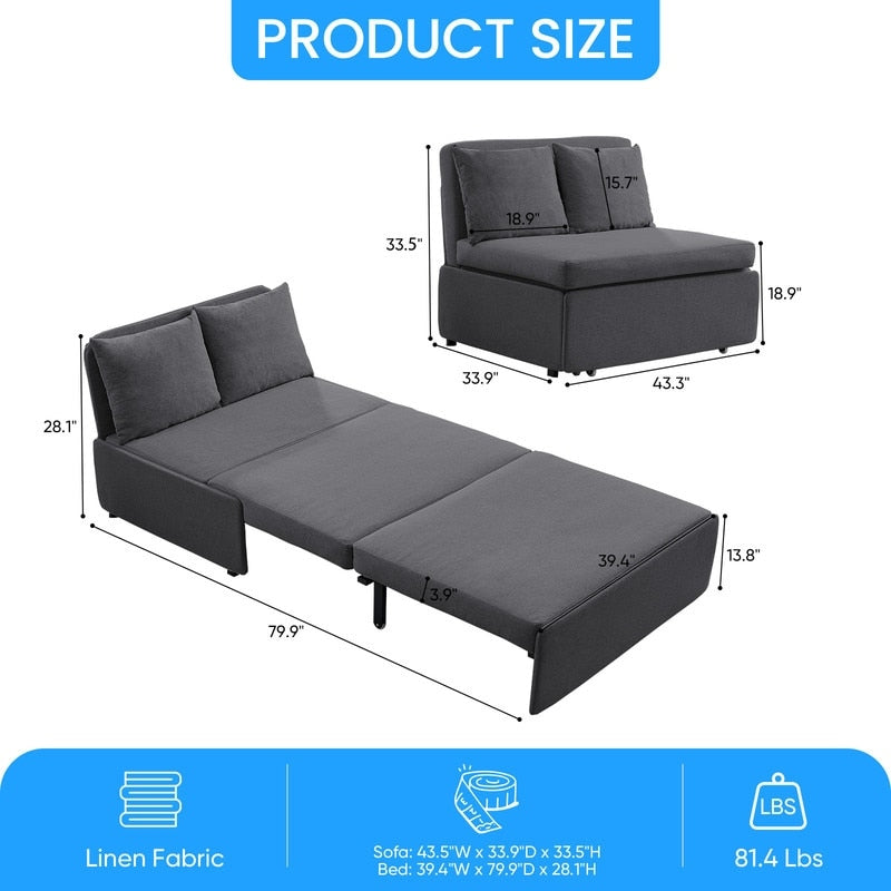 Canapé-lit Mixoy Full/Queen Size, canapé-lit convertible 2 en 1 en lin 1 place/causeuse avec coussins