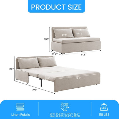 Canapé-lit Mixoy Full/Queen Size, canapé-lit convertible 2 en 1 en lin 1 place/causeuse avec coussins