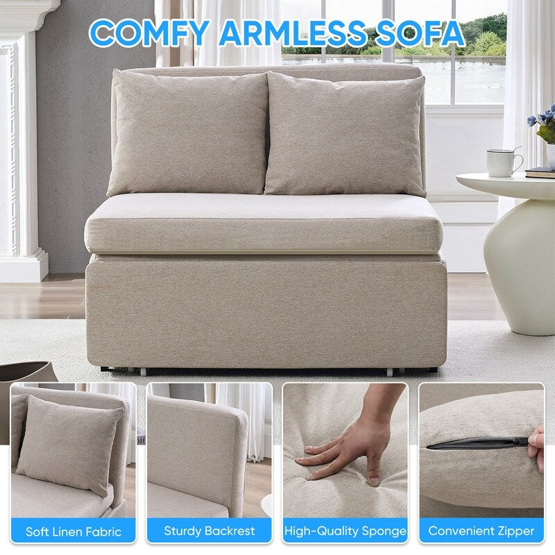 Canapé-lit Mixoy Full/Queen Size, canapé-lit convertible 2 en 1 en lin 1 place/causeuse avec coussins