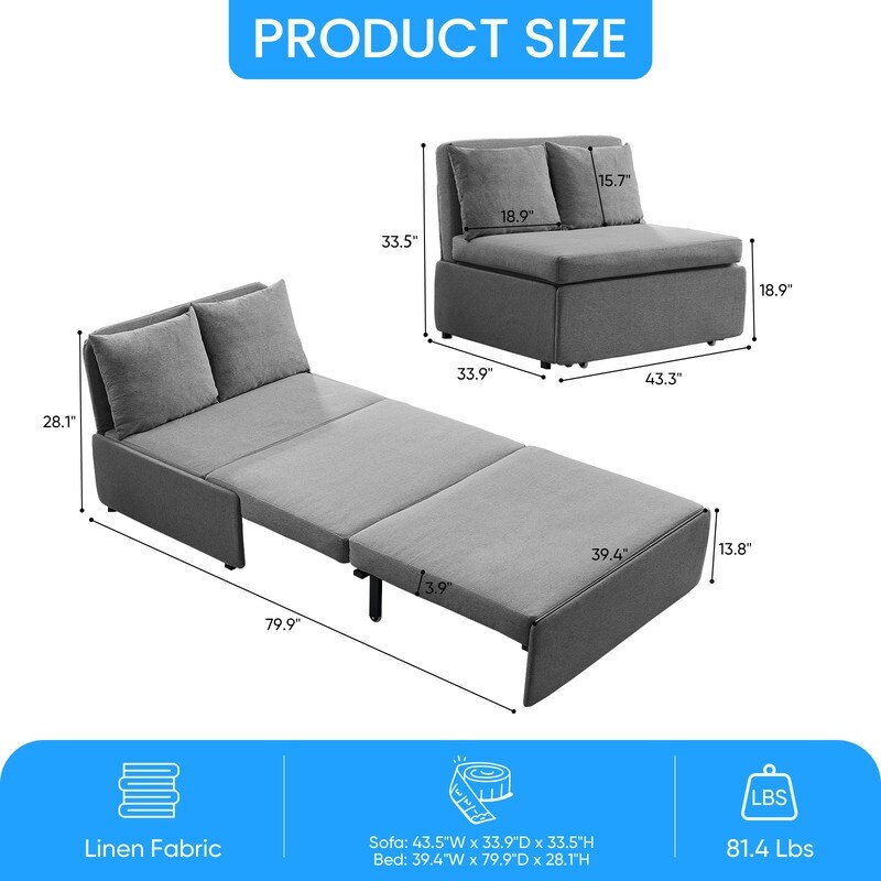 Canapé-lit Mixoy Full/Queen Size, canapé-lit convertible 2 en 1 en lin 1 place/causeuse avec coussins