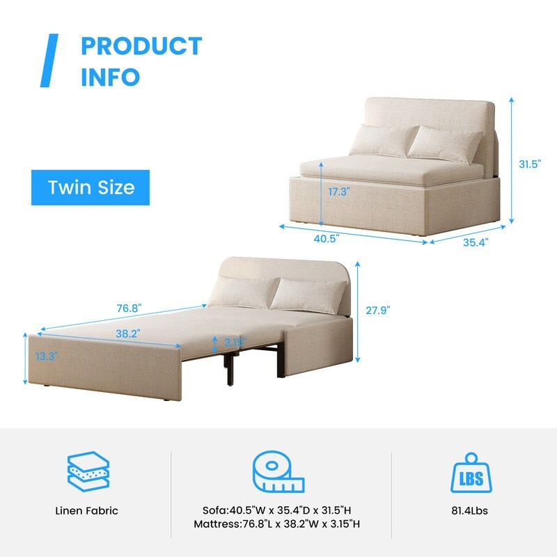 Canapé-lit convertible 2 en 1 Mixoy Linen, canapé-lit gigogne simple/queen avec matelas et coussins