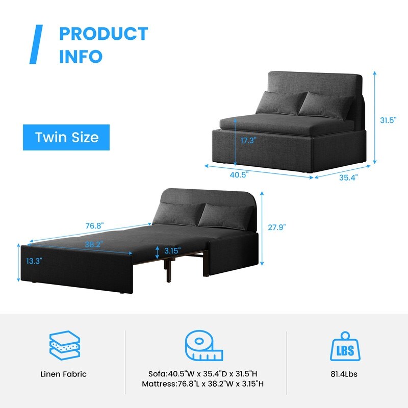 Canapé-lit convertible 2 en 1 Mixoy Linen, canapé-lit gigogne simple/queen avec matelas et coussins