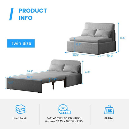Canapé-lit convertible 2 en 1 Mixoy Linen, canapé-lit gigogne simple/queen avec matelas et coussins