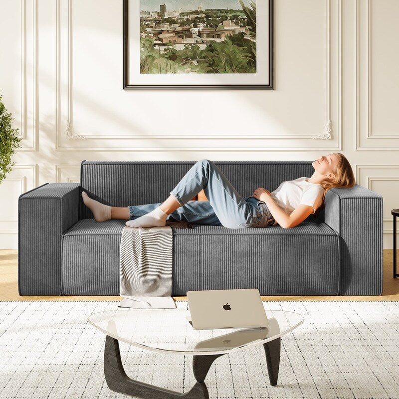 Canapé 2 places en velours moderne Mixoy, sans pieds et avec accoudoirs élargis, rembourré pour le salon