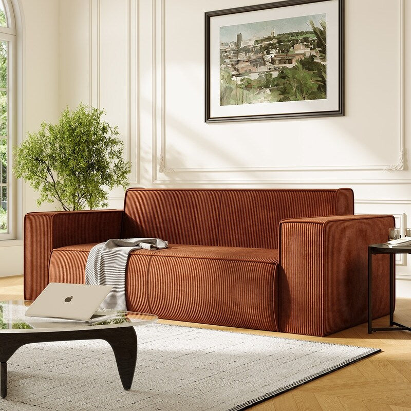 Canapé 2 places en velours moderne Mixoy, sans pieds et avec accoudoirs élargis, rembourré pour le salon