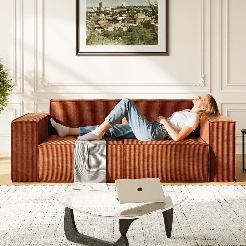 Canapé 2 places en velours moderne Mixoy, sans pieds et avec accoudoirs élargis, rembourré pour le salon