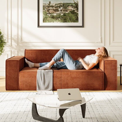 Canapé 2 places en velours moderne Mixoy, sans pieds et avec accoudoirs élargis, rembourré pour le salon