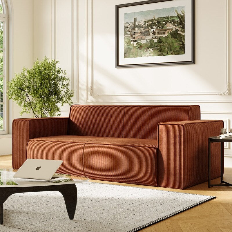 Canapé 2 places en velours moderne Mixoy, sans pieds et avec accoudoirs élargis, rembourré pour le salon