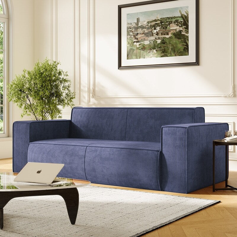 Canapé 2 places en velours moderne Mixoy, sans pieds et avec accoudoirs élargis, rembourré pour le salon