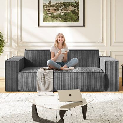 Canapé 2 places en velours moderne Mixoy, sans pieds et avec accoudoirs élargis, rembourré pour le salon