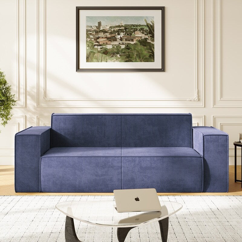 Canapé 2 places en velours moderne Mixoy, sans pieds et avec accoudoirs élargis, rembourré pour le salon