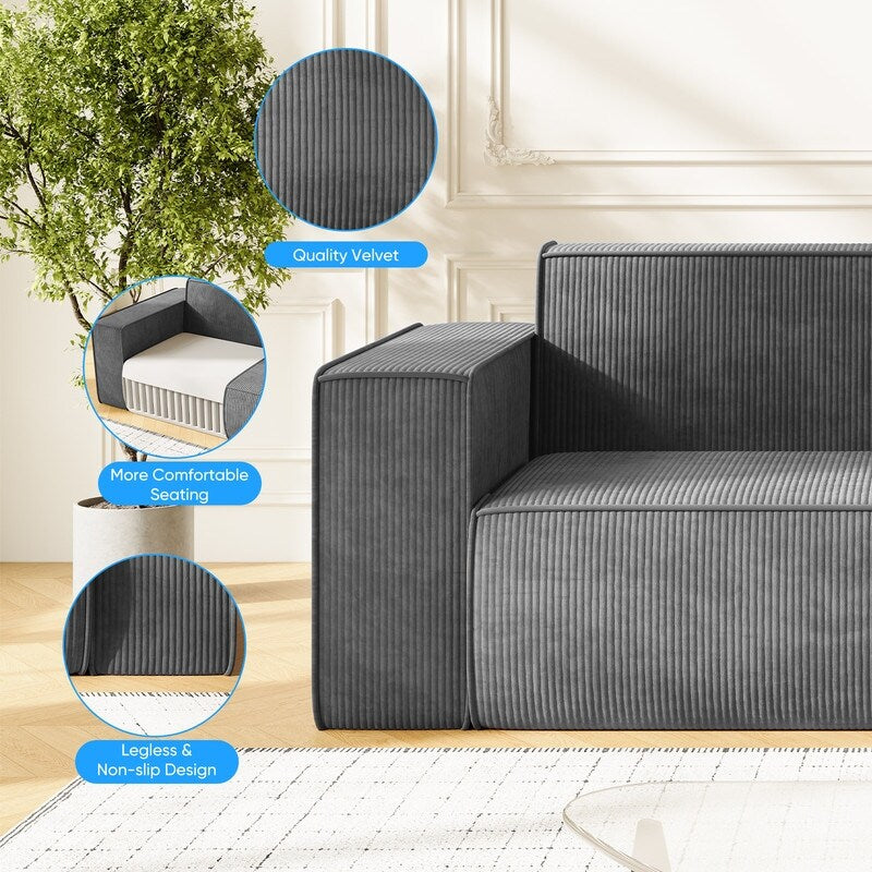 Canapé 2 places en velours moderne Mixoy, sans pieds et avec accoudoirs élargis, rembourré pour le salon