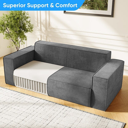 Canapé 2 places en velours moderne Mixoy, sans pieds et avec accoudoirs élargis, rembourré pour le salon