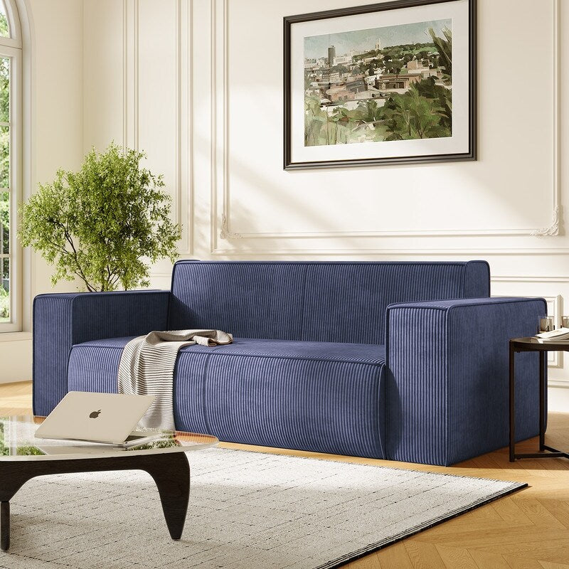 Canapé 2 places en velours moderne Mixoy, sans pieds et avec accoudoirs élargis, rembourré pour le salon