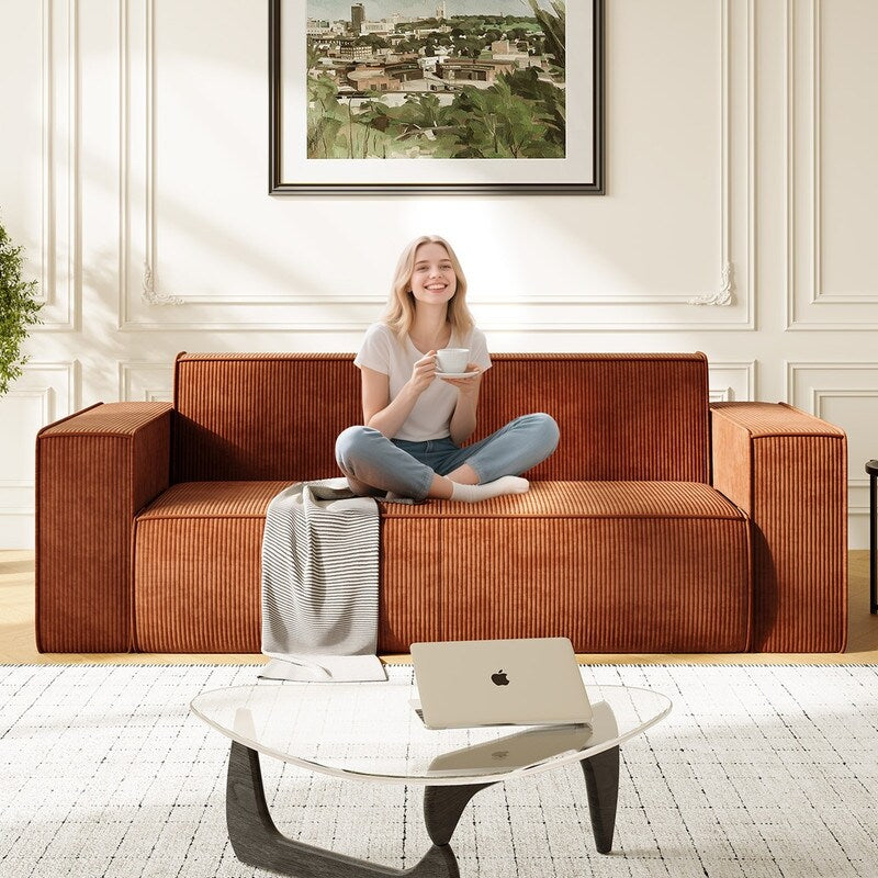 Canapé 2 places en velours moderne Mixoy, sans pieds et avec accoudoirs élargis, rembourré pour le salon