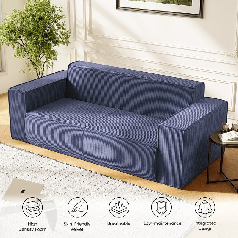 Canapé 2 places en velours moderne Mixoy, sans pieds et avec accoudoirs élargis, rembourré pour le salon