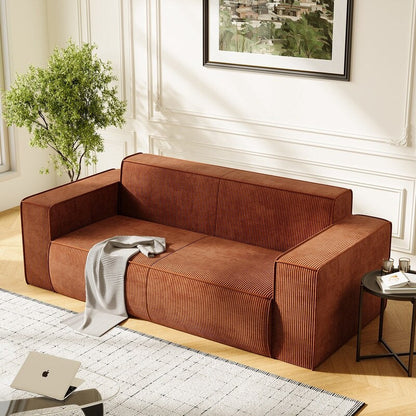 Canapé 2 places en velours moderne Mixoy, sans pieds et avec accoudoirs élargis, rembourré pour le salon