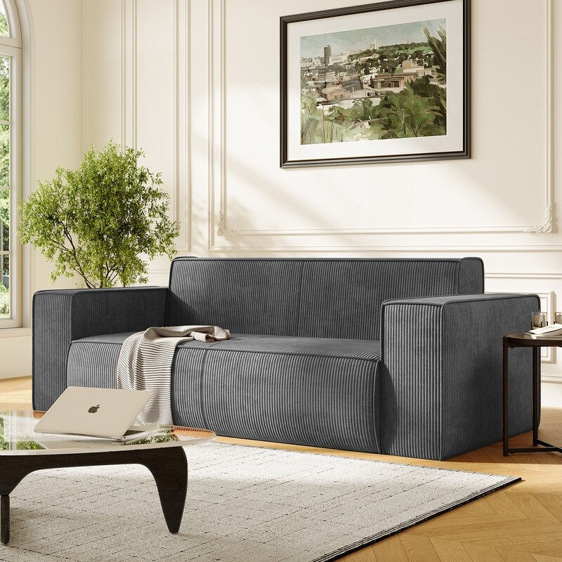 Canapé 2 places en velours moderne Mixoy, sans pieds et avec accoudoirs élargis, rembourré pour le salon