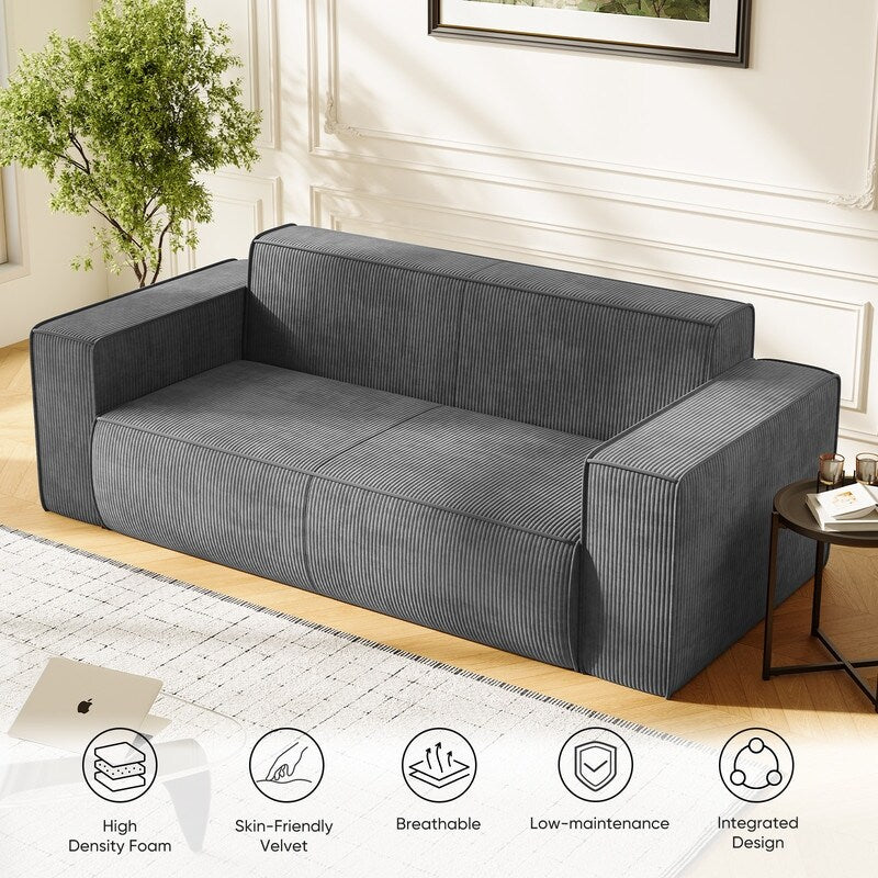 Canapé 2 places en velours moderne Mixoy, sans pieds et avec accoudoirs élargis, rembourré pour le salon