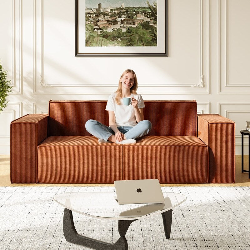 Canapé 2 places en velours moderne Mixoy, sans pieds et avec accoudoirs élargis, rembourré pour le salon