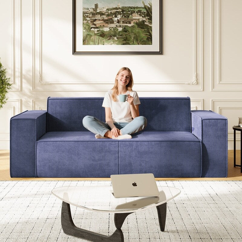 Canapé 2 places en velours moderne Mixoy, sans pieds et avec accoudoirs élargis, rembourré pour le salon