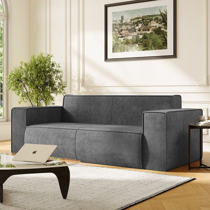 Canapé 2 places en velours moderne Mixoy, sans pieds et avec accoudoirs élargis, rembourré pour le salon