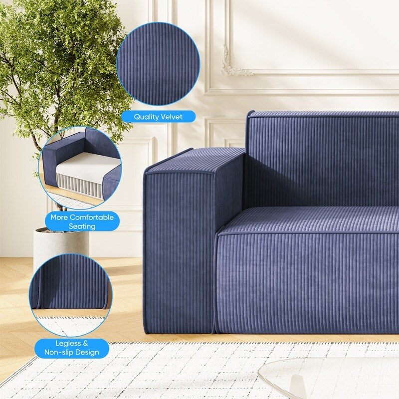 Canapé 2 places en velours moderne Mixoy, sans pieds et avec accoudoirs élargis, rembourré pour le salon