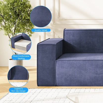 Canapé 2 places en velours moderne Mixoy, sans pieds et avec accoudoirs élargis, rembourré pour le salon