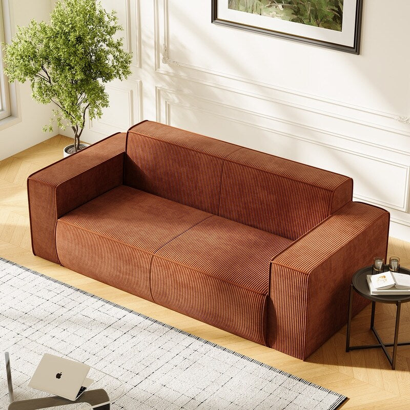 Canapé 2 places en velours moderne Mixoy, sans pieds et avec accoudoirs élargis, rembourré pour le salon