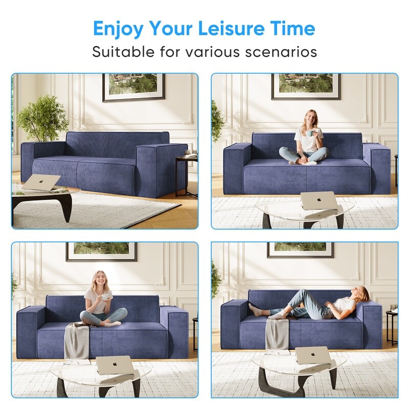 Canapé 2 places en velours moderne Mixoy, sans pieds et avec accoudoirs élargis, rembourré pour le salon