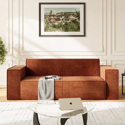 Canapé 2 places en velours moderne Mixoy, sans pieds et avec accoudoirs élargis, rembourré pour le salon