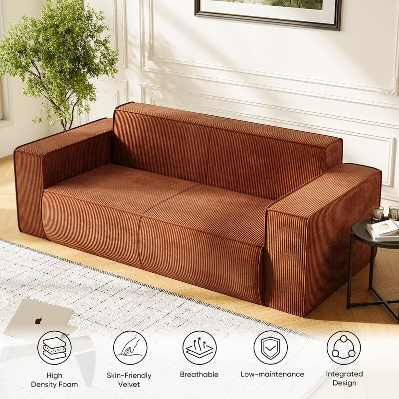 Canapé 2 places en velours moderne Mixoy, sans pieds et avec accoudoirs élargis, rembourré pour le salon