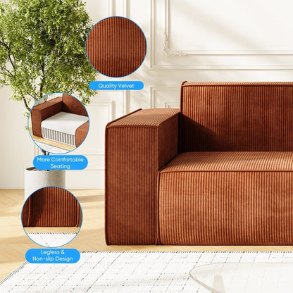 Canapé 2 places en velours moderne Mixoy, sans pieds et avec accoudoirs élargis, rembourré pour le salon