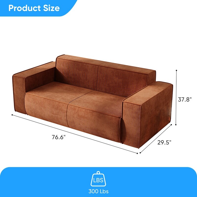 Canapé 2 places en velours moderne Mixoy, sans pieds et avec accoudoirs élargis, rembourré pour le salon