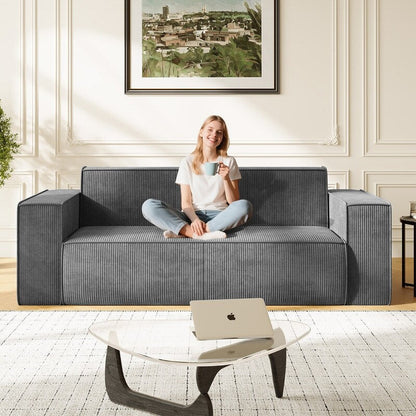 Canapé 2 places en velours moderne Mixoy, sans pieds et avec accoudoirs élargis, rembourré pour le salon