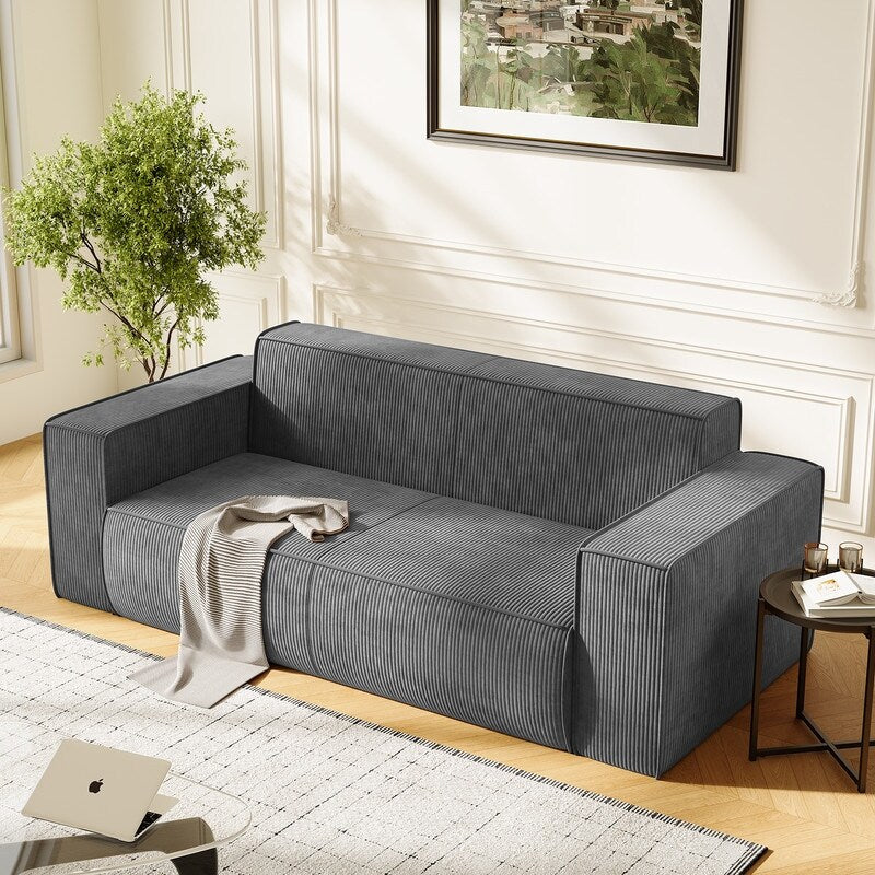 Canapé 2 places en velours moderne Mixoy, sans pieds et avec accoudoirs élargis, rembourré pour le salon