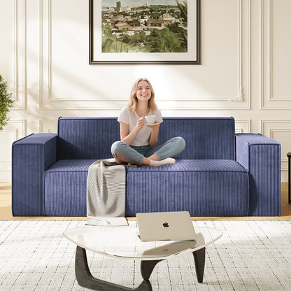 Canapé 2 places en velours moderne Mixoy, sans pieds et avec accoudoirs élargis, rembourré pour le salon