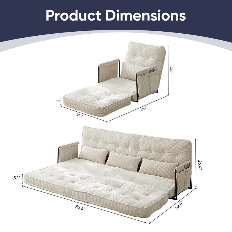 Canapé-lit pliant multifonction Mixoy, canapé paresseux avec oreillers, dossier réglable sur 6 positions (2+1)