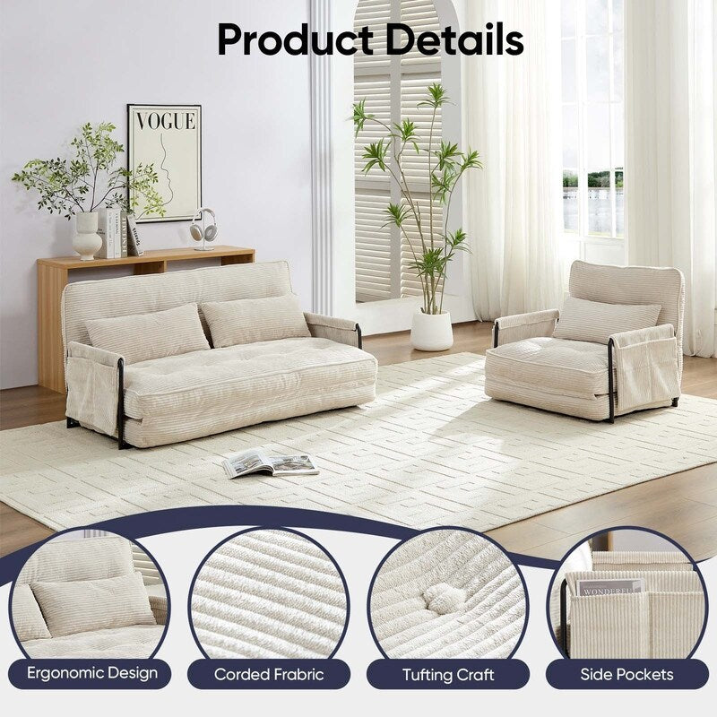 Canapé-lit pliant multifonction Mixoy, canapé paresseux avec oreillers, dossier réglable sur 6 positions (2+1)