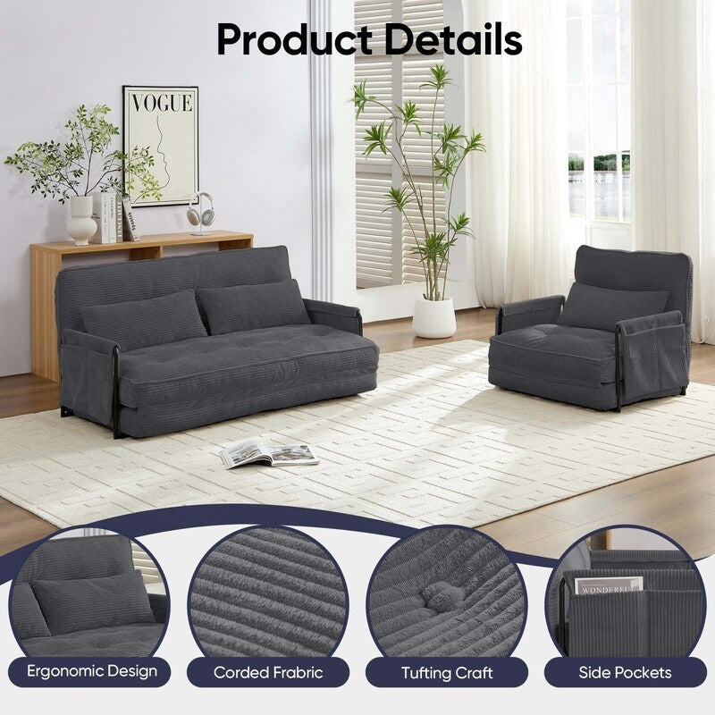 Canapé-lit pliant multifonction Mixoy, canapé paresseux avec oreillers, dossier réglable sur 6 positions (2+1)