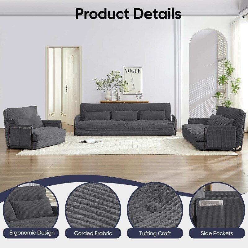 Mixoy Ensemble canapé-lit futon pliable multifonction avec oreillers, dossier réglable sur 6 positions (3+2+1)