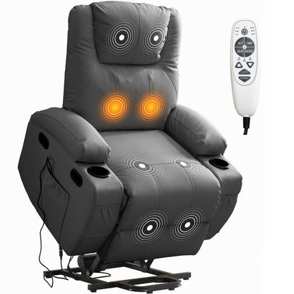 Fauteuil inclinable massant et releveur Mixoy pour personnes âgées, chauffant, positions infinies, poche latérale, porte-gobelets, port de charge USB